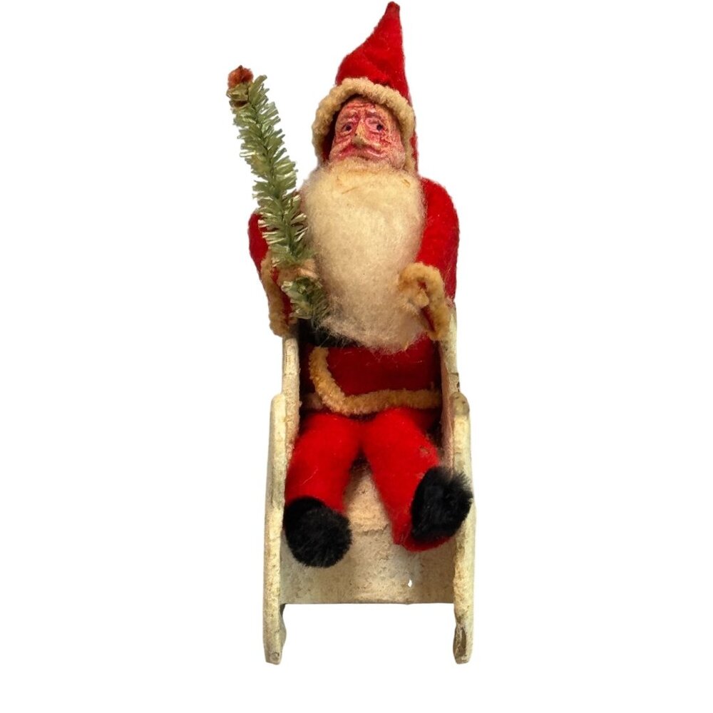 Antique 1930s Japan Santa Cardboard Sleigh Molded Composition Face Brush Tree - Picture 1 of 9